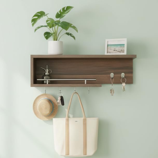 Zohny Home Wall Mount Organiser with Floating Shelf, Natural Wood, 60x15x15 cm, Rectangular, Minimalist, Key Hooks and Hanging Rod (Brown)