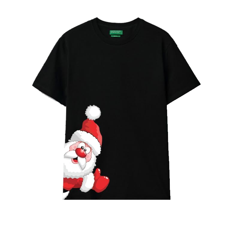 Christmas Santa T-Shirt, Black Cotton Short Sleeve, Holiday Theme Graphic Print Size (6-9Y)