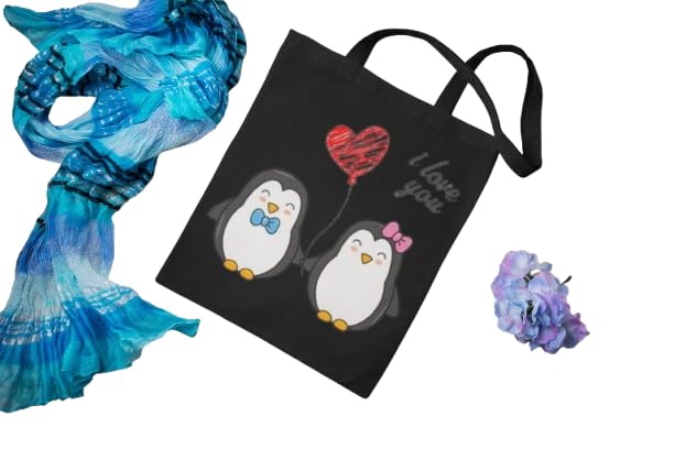 Cute Penguin Couple Canvas Tote Bag, Black with Heart Design, Reusable Shopping Bag