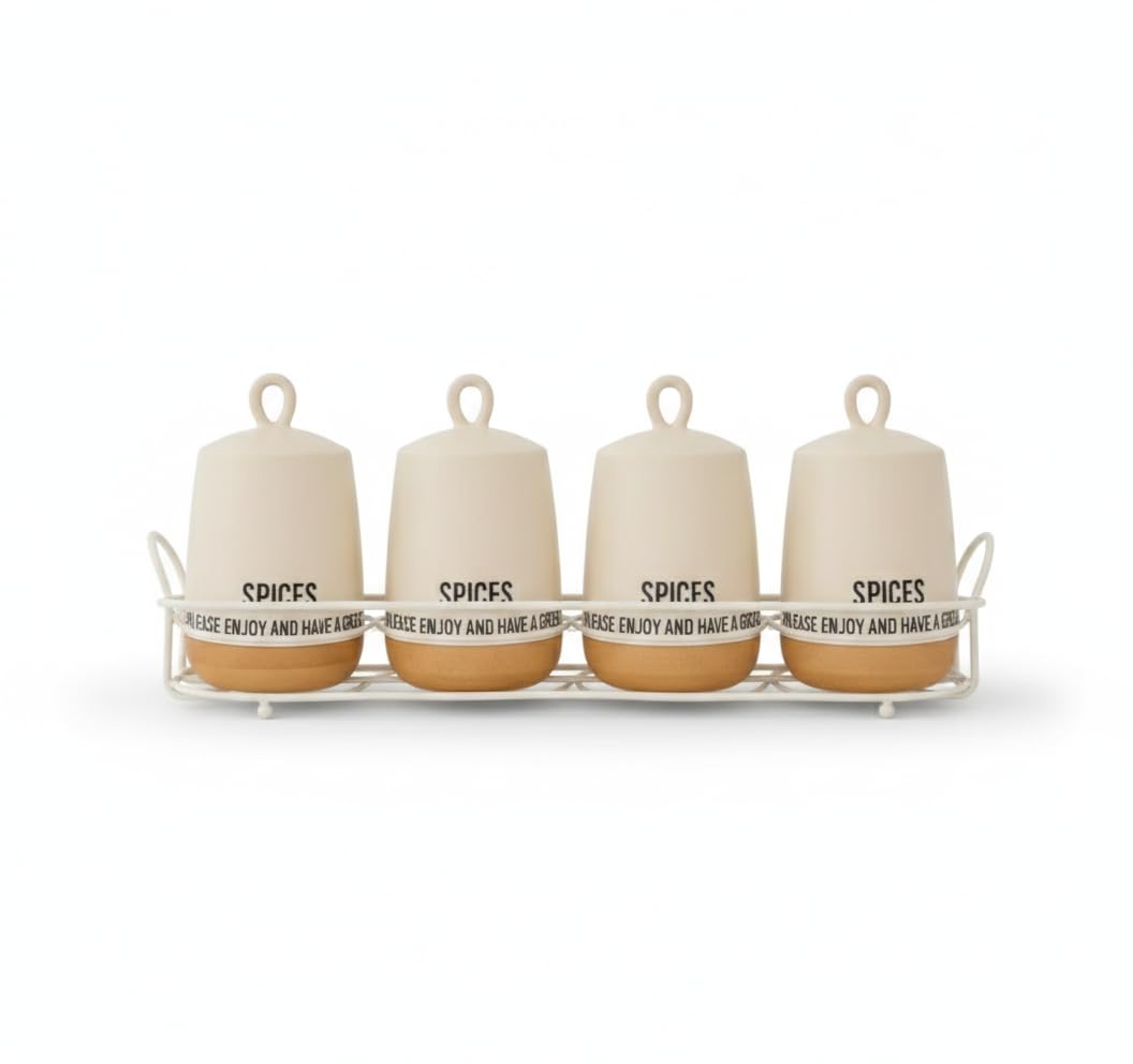 Home Care QQ-968 4-Piece Medium Porcelain Spice Set Stylish Kitchen Storage, Pack of 1 - White Porcelain