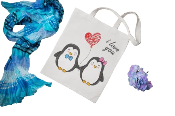 Cute Penguin Couple Canvas Tote Bag with Heart Design, White Shopping Bag with Long Handles