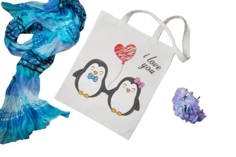 Cute Penguin Couple Canvas Tote Bag with Heart Design, White Shopping Bag with Long Handles