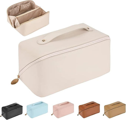 Wayfare Leather Travel Makeup & Toiletry Bag, Large Capacity Organizer for Cosmetics, Open Flat Design (Assorted Colors)
