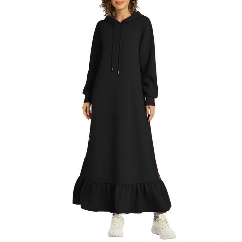 Women's Long Hooded Dress with Long Sleeve Ruffle Hem Casual Maxi Dress