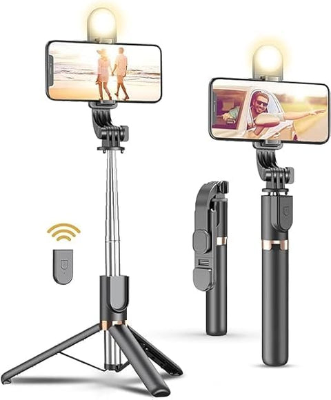 ANKHGIFTSHOP Selfie Stick Tripod with Wireless Remote,Tripod with LED Fill Light, for iPhone 15/14/14 pro/13/13 Pro/12/11/11 Pro/XS Max/XS/XR/X/8/7 and Android Smartphone (black [46in])