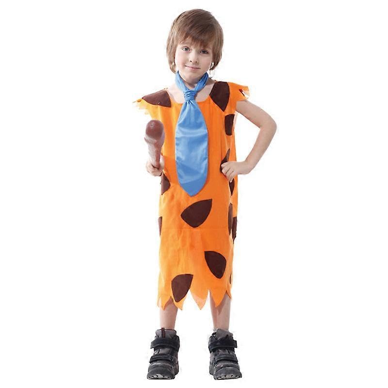 Boys Caveman Halloween Costume, Orange Prehistoric Tunic with Blue Tie, Dress-Up Outfit, XLarge