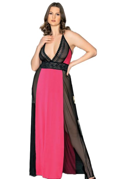 4302 Long Lace and Mesh Nightdress with Sheer Side Panels - Elegance Plus Size For Woman's