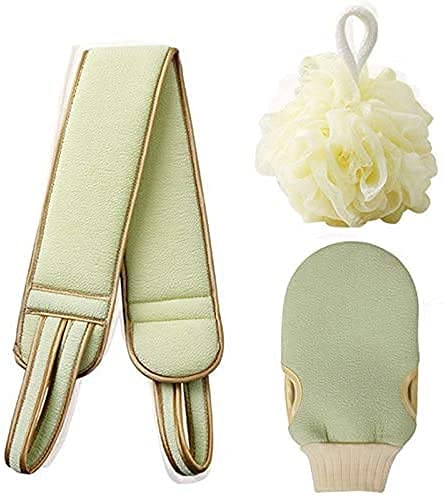 Adaamya® 3PCS Unisex Bathing Exfoliating Set Back Scrubber, Sponge Loofah & Glove Double Side Scrubbing Strap Dead Skin Remove Body Scrubs for Skin Deep Cleaning (Random Color) (Pack of 1