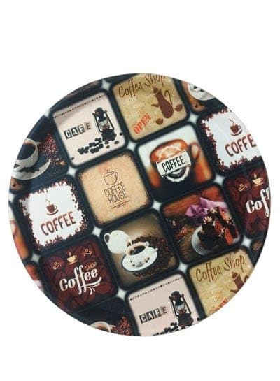 Volora Round Serving Tray Coffee Design, Multi Shape, 35 cm