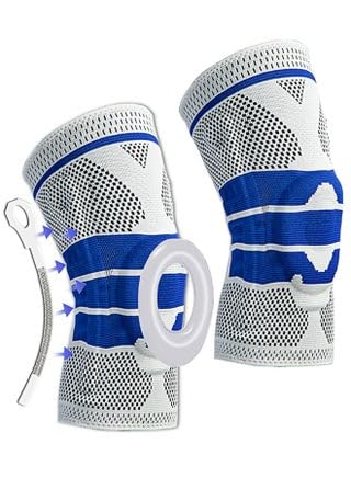 Medical Knee Brace with Silicone Support, Grey and Blue Mesh, 42cm, Knee Joint Brace for Sports and Arthritis (M)