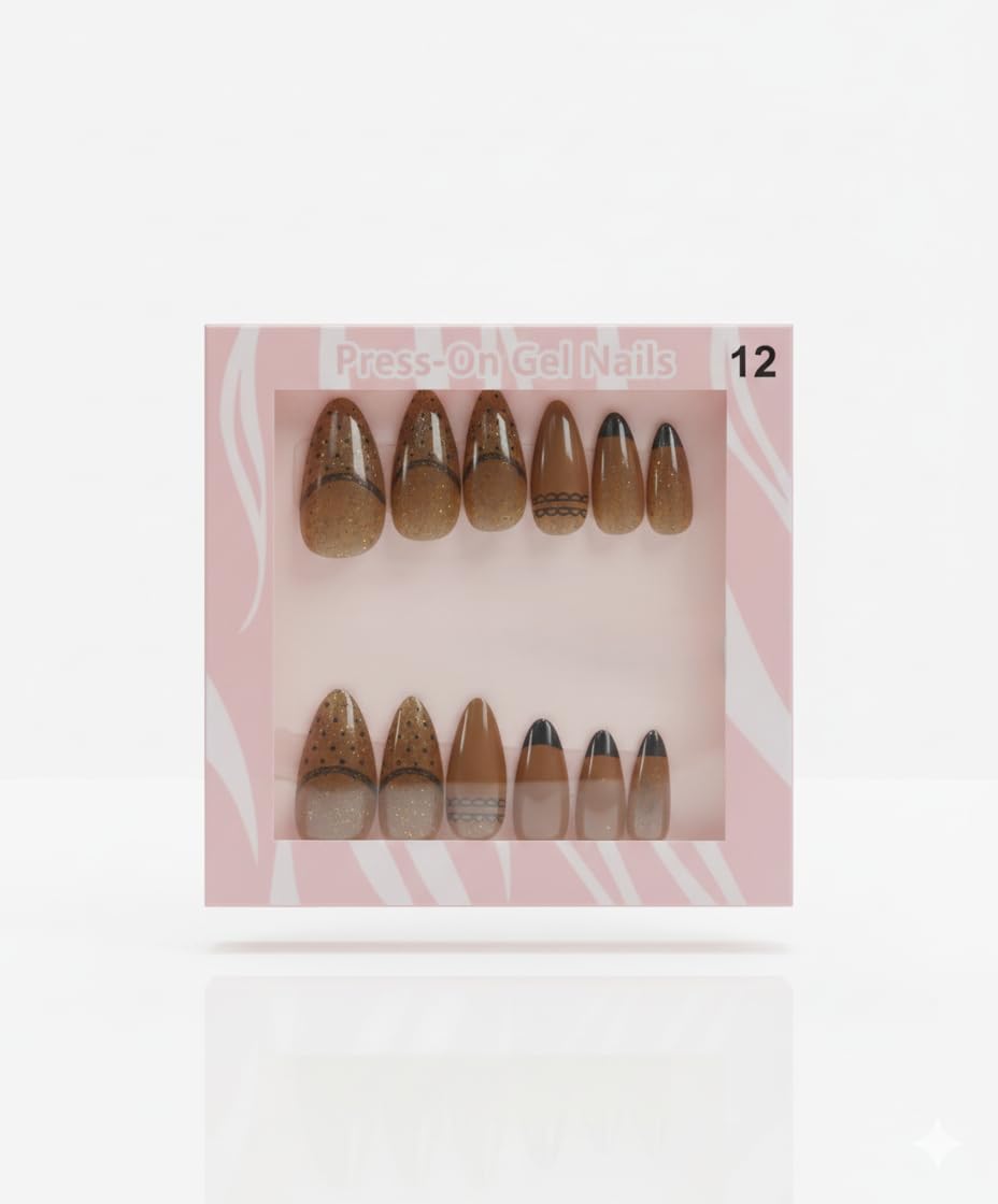 12 Pcs Almond Fake Nails Gel Press On Nails Easy Stick On Nails for Occasions Natural Look and Save Salon Time, Instant Fashion Look (Brown)