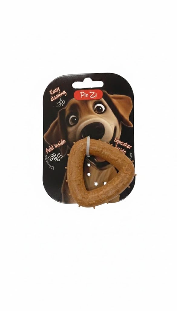 Dog Chew Toy, Triangle Ring Shape, Brown, Textured with Bone Accents, Dental Aid
