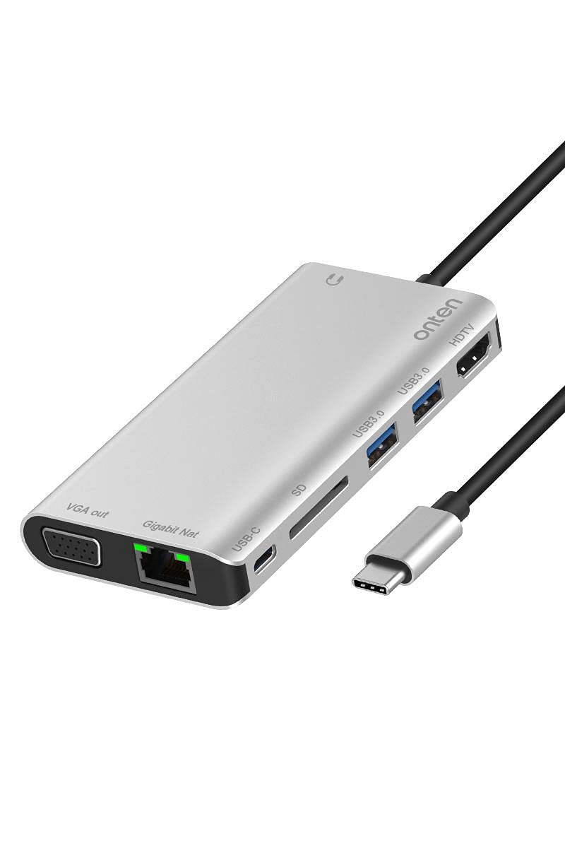 Onten (OT-9591B) USB C Hub 8 in 1 Type C Hub Adapter with 1Gbps Ethernet, 4K HDMI, VGA, PD Charging, 2 USB3.0, 3.55mm Audio, SD Card Reader for MacBook Pro and Other Type C Laptops