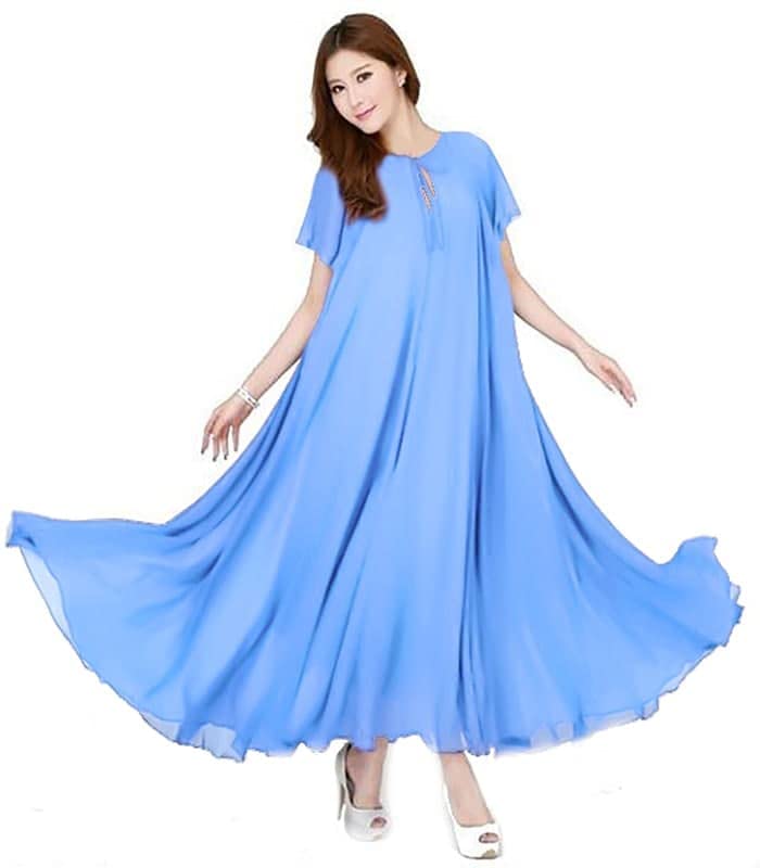 Women's Long Sleeve Text Scoop Cut Dress Sky Color