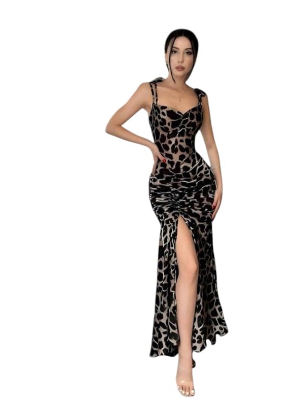 Leopard Print Maxi Lingerie Dress with Side Slit, Tie Shoulder Straps, Black and Beige