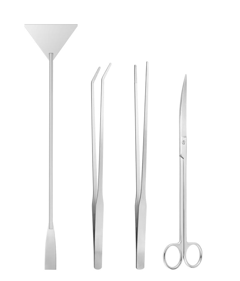 4-Piece Aquascape Tool Kit – Stainless Steel Aquarium Tweezers, Feeding Tongs, Curved Scissors & Algae Scraper for Fish Tank Cleaning, Plant Trimming