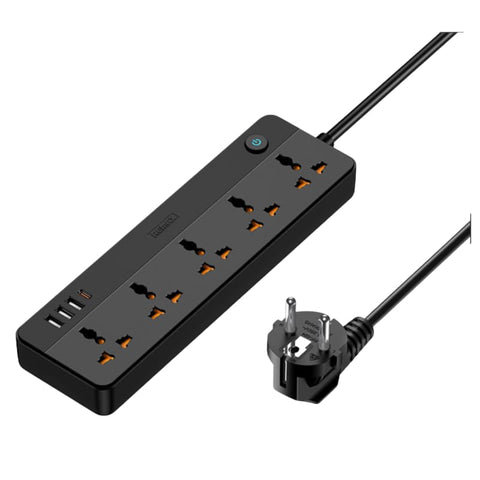 RE_MAX RP-U160 Kiddy Series Power Strip – 5 Sockets + 4 Ports (3 USB, 1 Type-C) – Black