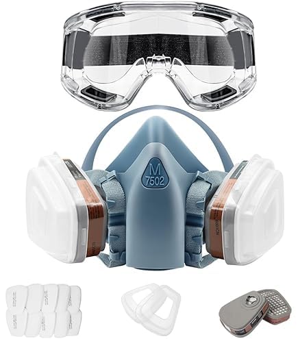 7502 Mask Reusable Half Face Cover Gas Mask, with Safety Glasses, Half Facepiece Set, for Welding, Wood Working, Against Dust, Organic Vapors, Pollen, Chemicals, Other Work Protection, 1-Pack
