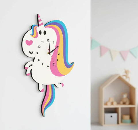 Hanging Pendulum Wall Clock Delightful Unicorn with Movable Tail, Bright Colors and High Quality, Quiet Movement, Silent Movement, Easy to Hang, Adds Attractive Decoration and Suits All Tastes