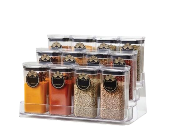 Spice Organizer Set 13 Pcs (12 Jars + Ladder Holder) Clear Acrylic 250ml Jars with Stand Cards for Organizing and Beautifying Marble with Modern Touch k
