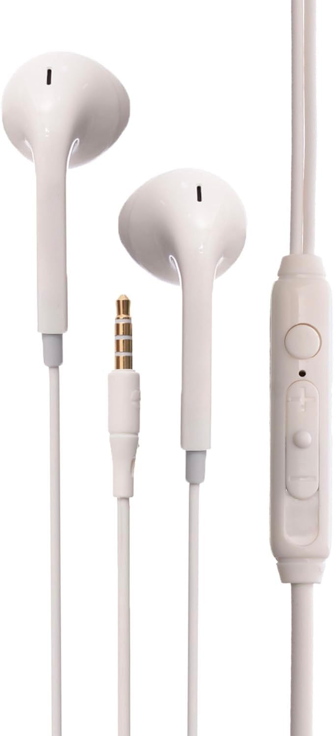 D-42 Wired Stereo Earphones with Built-in Microphone and Control Button 3.5mm Jack (White)