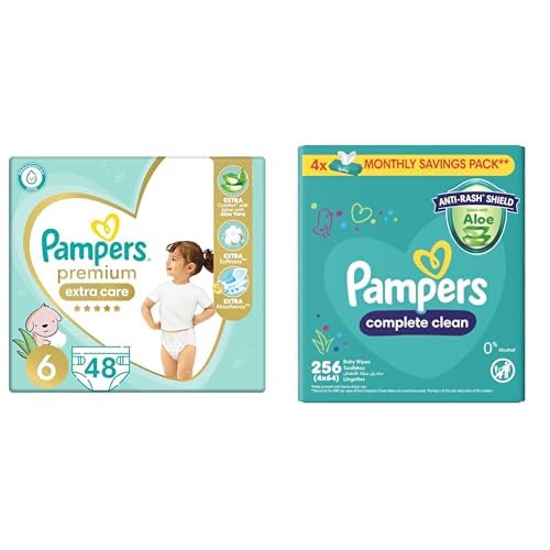 Pampers premium EXTRA care Taped diapers, size 6, with Lotion with Aloe Vera, 48 baby diapers +Wipes