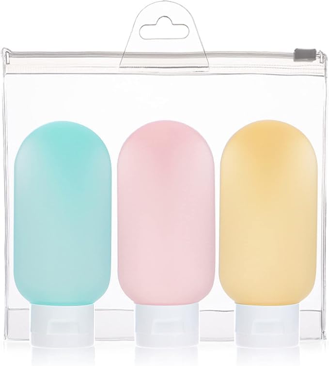 Silicone Travel Bottle, 3 Pack 60ml Leak Proof Refillable Squeezable 2oz Containers Set with Label and Transparent Carry Bag for Liquid Shampoos, Soap and Toiletries (3 Pack Muti-Color)