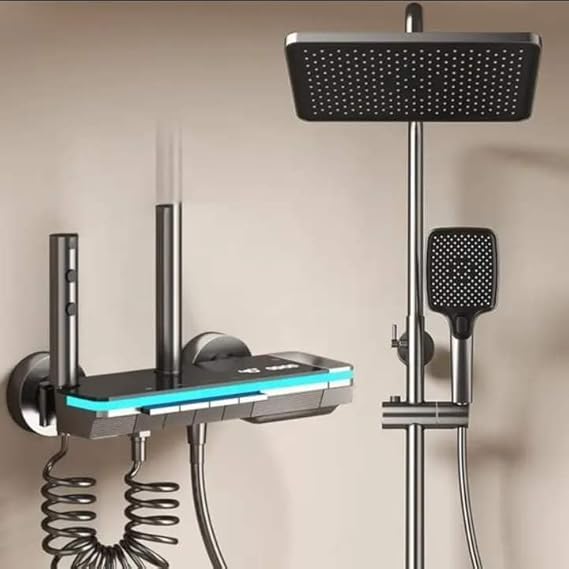 Luxury Silver Bathroom Burial Shower Set with Mixer, Tasa, Speaker with Stand, Hose and Bottom Sifter (4 Systems Smart Shower Mixer Full Copper)