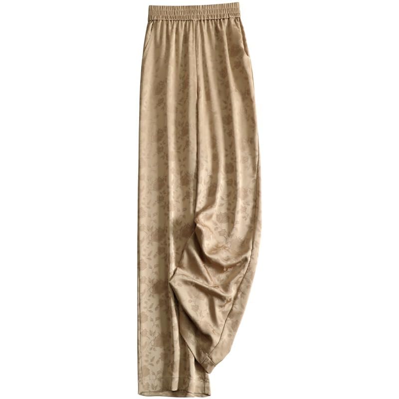 Showday Satin High Waist Wide Leg Trousers with Pockets, Floral Print, Straight Cut