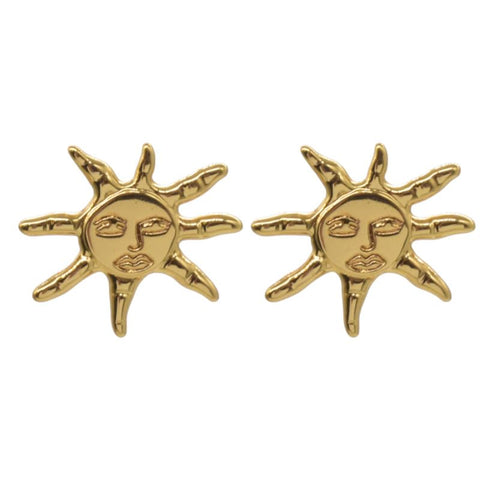 Stainless Steel Botanical Leaf & Sun Face Stud Earrings for Women – Gold