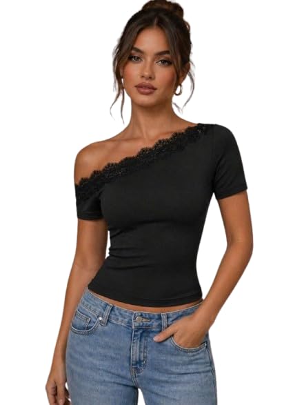 Women's One Shoulder Top-Lace Trimmed-Short Sleeve-Slim Fit-Black-One Size-Jouber-#:708B