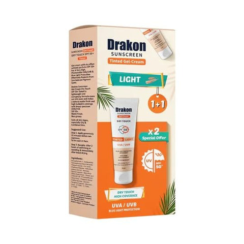 Drakon Sunscreen Gel-Cream Dry touch Tinted Light SPF 50 (1+1) Promopack 60 gm+60 gm -UVA & UVB - Water Resistant & Antioxidant - All Skin Types Especially for Oily & Combined Skin
