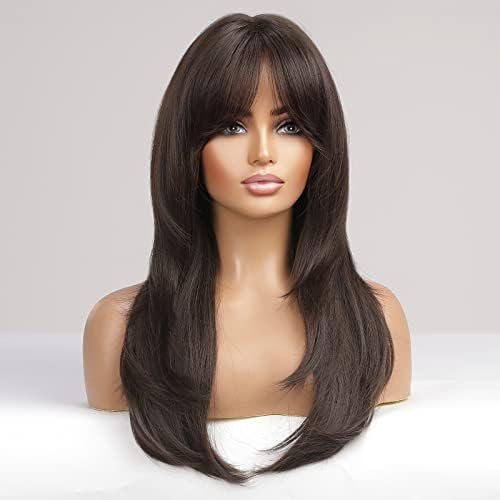 ECIF Long Dark Brown Wigs For Women, Layered Wigs With Bangs Synthetic Wigs Heat Resistant