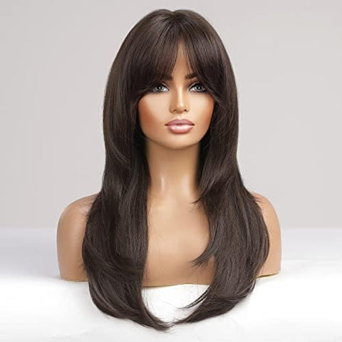 ECIF Long Dark Brown Wigs For Women, Layered Wigs With Bangs Synthetic Wigs Heat Resistant