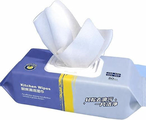 Wipes Kitchen Cleaning, Degreasing Wet Wipes, 80 Sheets, Heavy Duty Thick Cloths, One-Pump Dispenser for Stoves, Range Hoods, Countertops and Oil Dirt Cleanup