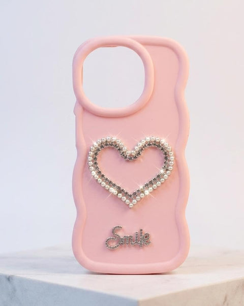"Heart Pearl" Protective Case for Realme 11 - Pink wave design adorned with a pearl and crystal heart - Charming look and superior protection