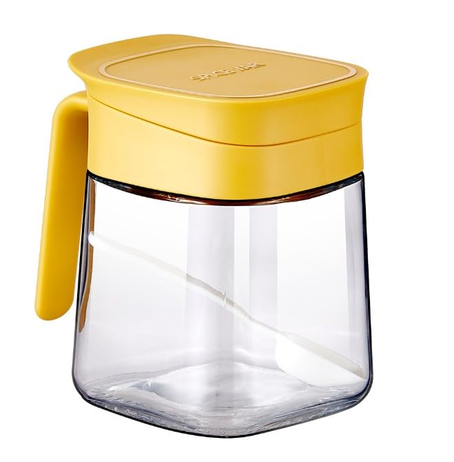 Spice Glass Containers - Seasoning Jar, Premium Glass Kitchen Storage Jar Set - Airtight Lid with Spoon, 300ml Large Capacity Spice Jar, Seasoning Pot for Spices, Sugar & Herbs (Yellow)