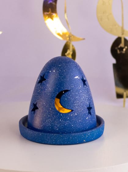 Handmade Diffuser Ceramic Incense Burner, Blue Glitter, Moon and Stars Design, Dome Shape with Tray