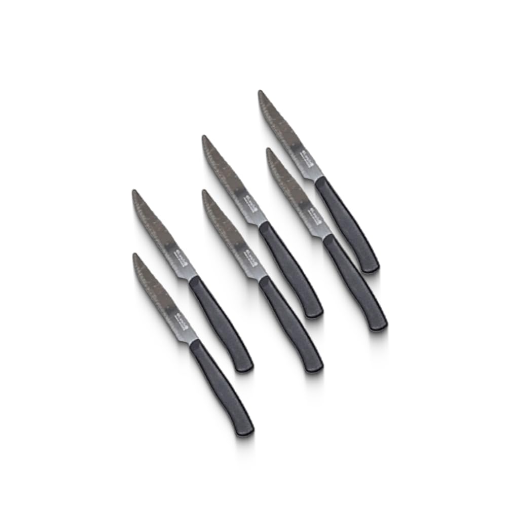 Marob 43FTB06 Steak Knife Kit, 11 cm Stainless Steel Blades, Ergonomic Black Handles, Sharp and Durable Knives for Meat and Everyday Use Set of 6 Pieces - Made in Italy