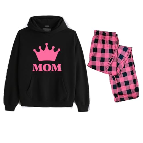 Mom Crown Hoodie and Pink Plaid Pajama Set, Black with Pink Print, 2-Piece SIZE (S)