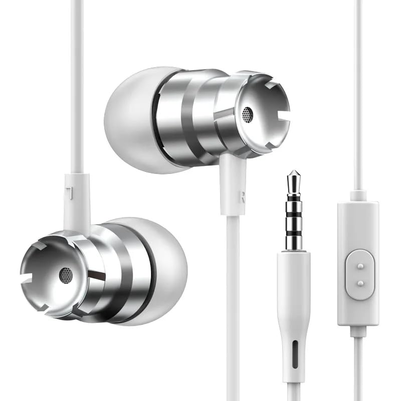 MySouq-Store [ 1 Pcs - White XSilver ] Metal Wired Super Bass Earbud 3.5mm Built-in Microphone Hand Free Noise Reduction Gaming Universal Headset Sport Earphone