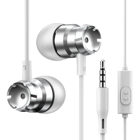 MySouq-Store [ 1 Pcs - White XSilver ] Metal Wired Super Bass Earbud 3.5mm Built-in Microphone Hand Free Noise Reduction Gaming Universal Headset Sport Earphone