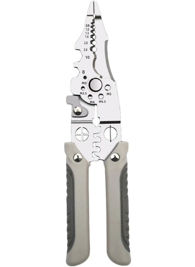 Multifunctional stainless steel wire stripping pliers for cutting, splitting, stripping, shearing, and removing wires.