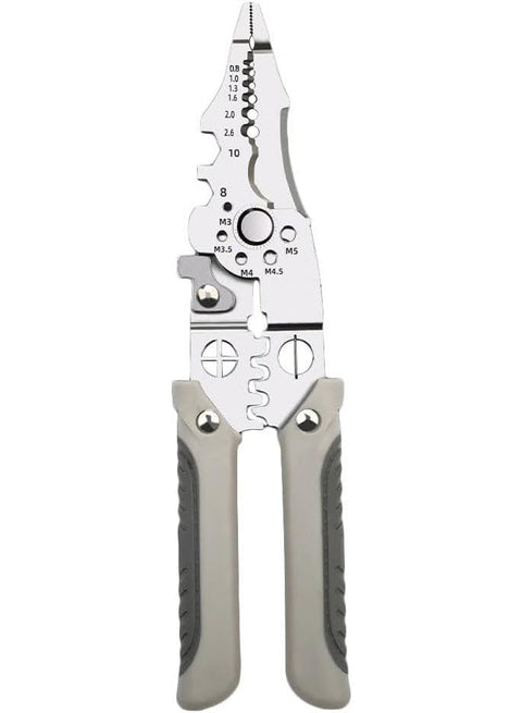 Multifunctional stainless steel wire stripping pliers for cutting, splitting, stripping, shearing, and removing wires.