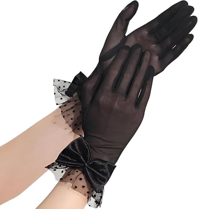 Evening Gloves - Elegant black lace gloves with tulle mesh, suitable for prom, evening events, and funerals, offering a classic vintage look, sun protection, and feminine charm for women and girls.