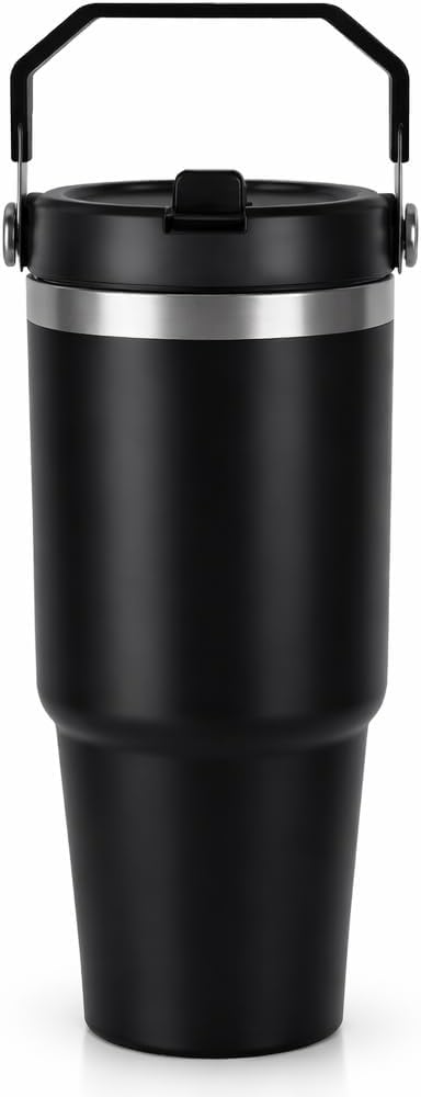 OVA Tumbler with Handle and Straw Lid, 900ml Vacuum Insulated Stainless Steel Mug, BPA-Free Double Wall Design, Keeps Drinks Hot or Cold, Large Capacity for Home, Office, and Travel (Black)