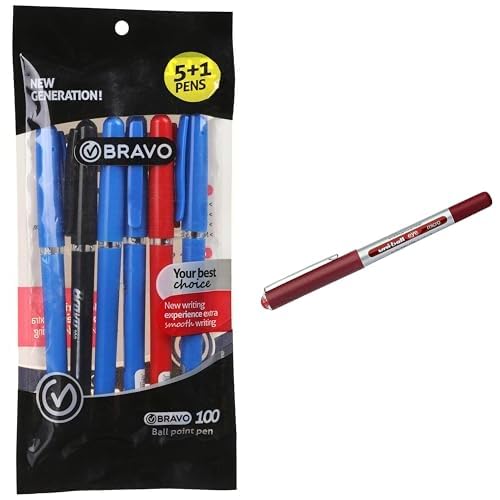 Bravo Stationery Bundle: 100 Ballpoint Pen 6-Pack + Uni-ball Eye Micro Rollerball Pen Red