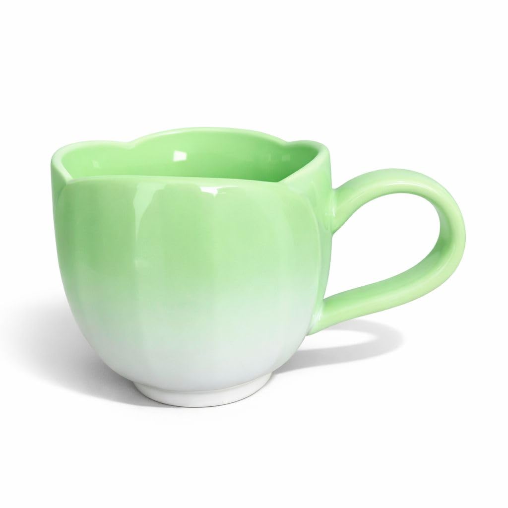 Cute Ceramic Coffee Mug tulip-shaped, Aesthetic Tea Cup with Curved Handle, Ceramic Mug for Daily Drinks & Gifts (Green)