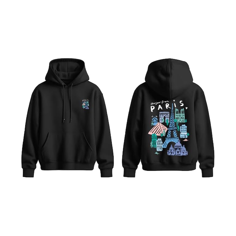 Black Hoodie with Paris Landmarks Design, Front Pocket SIZE (9-12Y)
