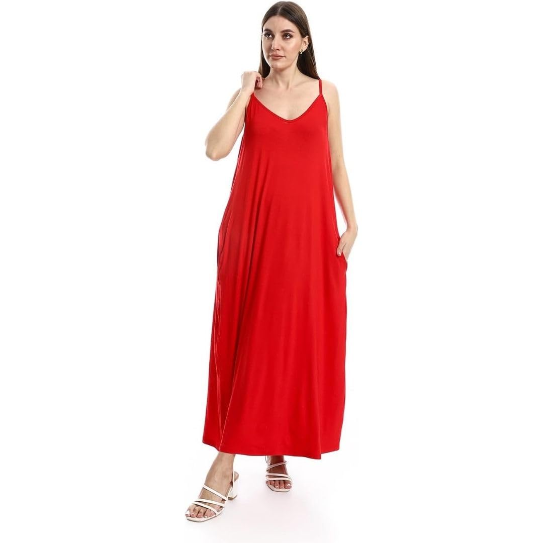 Women's Spaghetti Straps Maxi Dress with Side Pockets Mixed Cotton Red